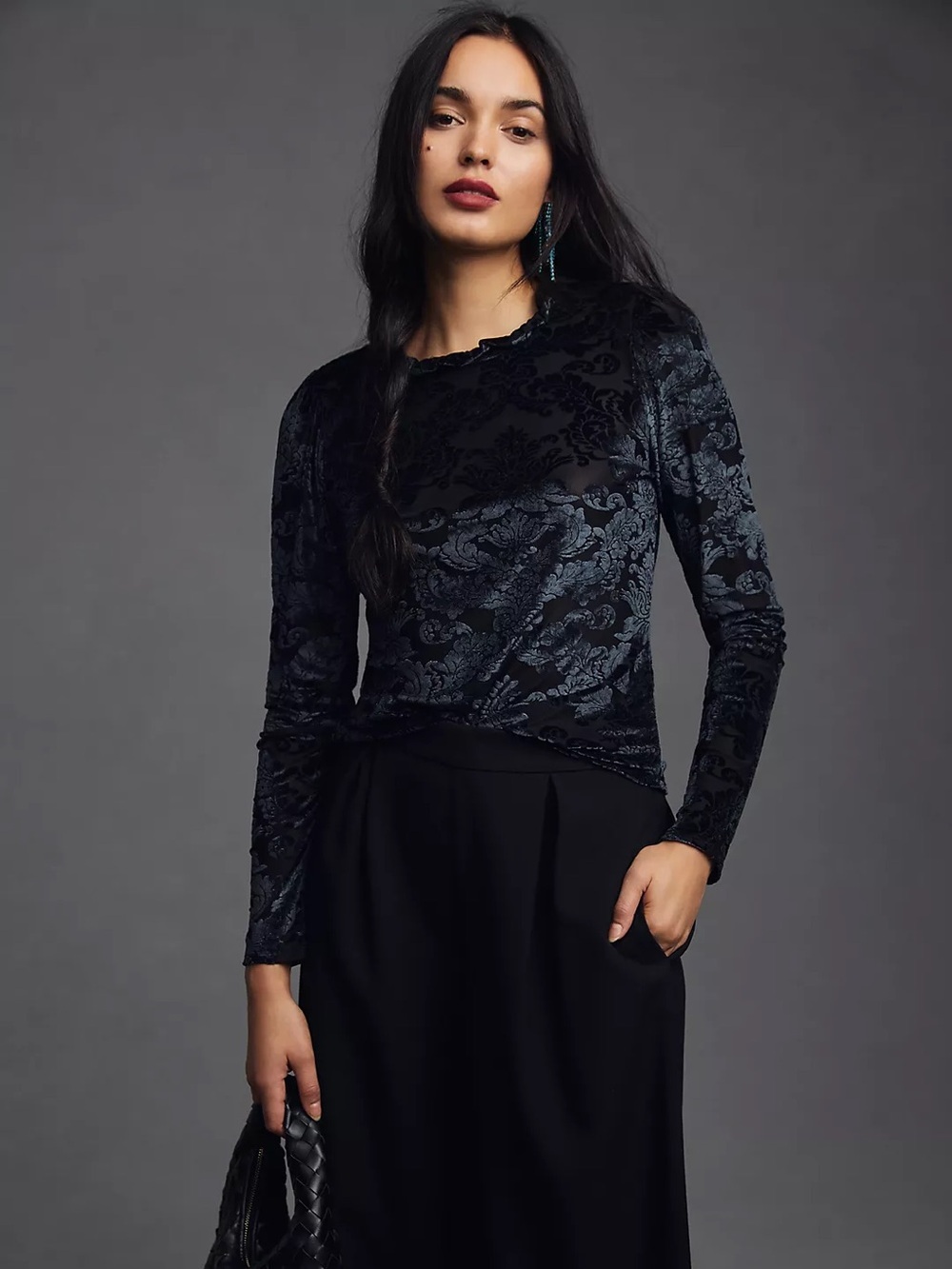Anthropologie Sheer Velvet Burnout Long Sleeve Top Size Medium